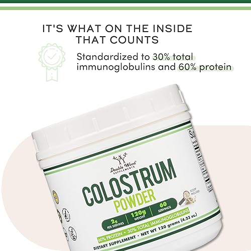 DOUBLE WOOD SUPPLEMENTS BOVINE COLOSTRUM POWDER 120G GUT HEALTH, IMMUNE, SKIN HAIR SUPPORT FOR WOMEN MEN, 60 SERVINGS