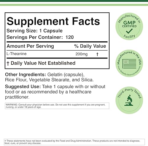 DOUBLE WOOD SUPPLEMENTS L-THEANINE 200MG DOUBLE STRENGTH SLEEP SUPPORT RELAXATION, 120 VEGAN CAPSULES, GLUTEN FREE