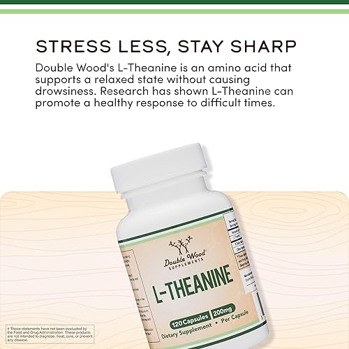 DOUBLE WOOD SUPPLEMENTS L-THEANINE 200MG DOUBLE STRENGTH SLEEP SUPPORT RELAXATION, 120 VEGAN CAPSULES, GLUTEN FREE