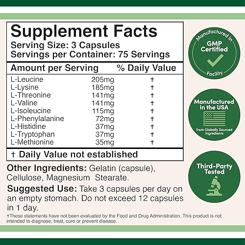 DOUBLE WOOD SUPPLEMENTS ESSENTIAL AMINO ACIDS BCAAS CAPSULES 1G SERVING, 225 COUNT, GLUTEN FREE,