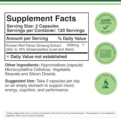 DOUBLE WOOD SUPPLEMENTS KOREAN RED GINSENG CAPSULES 1000MG 240 VEGAN PILLS, 4 MONTH SUPPLY FOR ENERGY COGNITIVE SUPPORT