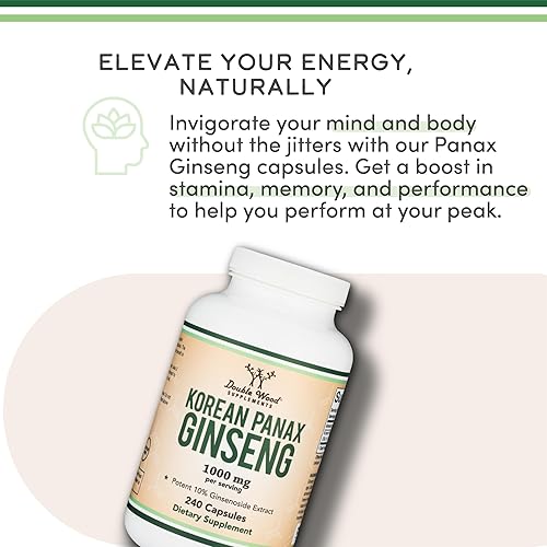 DOUBLE WOOD SUPPLEMENTS KOREAN RED GINSENG CAPSULES 1000MG 240 VEGAN PILLS, 4 MONTH SUPPLY FOR ENERGY COGNITIVE SUPPORT