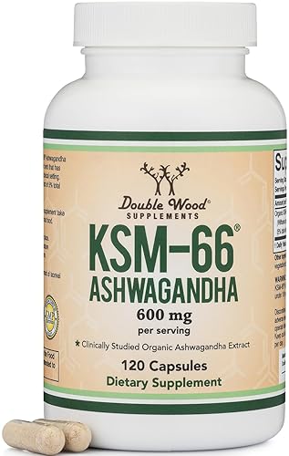 DOUBLE WOOD SUPPLEMENTS ASHWAGANDHA KSM-66 600MG ORGANIC, CLINICALLY STUDIED ADAPTOGEN, 120 CAPSULES, DOUBLE WOOD SUPPLEMENT