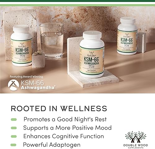 DOUBLE WOOD SUPPLEMENTS ASHWAGANDHA KSM-66 600MG ORGANIC, CLINICALLY STUDIED ADAPTOGEN, 120 CAPSULES, DOUBLE WOOD SUPPLEMENT
