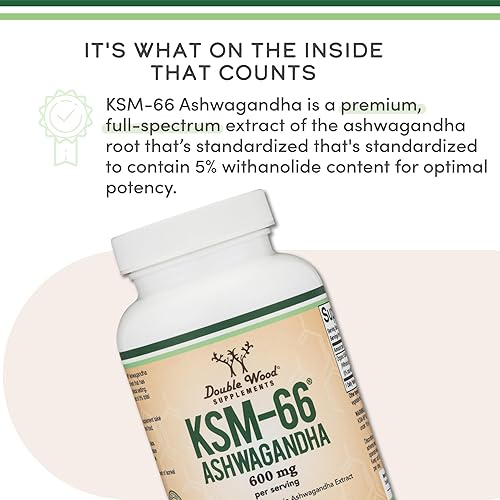 DOUBLE WOOD SUPPLEMENTS ASHWAGANDHA KSM-66 600MG ORGANIC, CLINICALLY STUDIED ADAPTOGEN, 120 CAPSULES, DOUBLE WOOD SUPPLEMENT