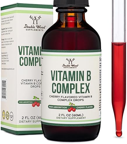 DOUBLE WOOD SUPPLEMENTS LIQUID VITAMIN B COMPLEX SUPPLEMENT, MAX ABSORPTION, B3 B6 B7 B9 B12, CHERRY, 2OZ, 2 MONTH SUPPLY
