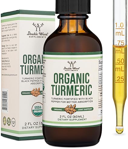 DOUBLE WOOD SUPPLEMENTS ORGANIC TURMERIC CURCUMIN DROPS WITH BLACK PEPPER, GINGER HERBS 1180MG, 2OZ, JOINT SUPPORT