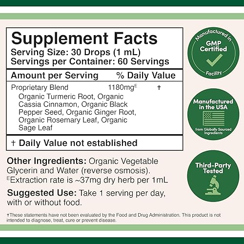 DOUBLE WOOD SUPPLEMENTS ORGANIC TURMERIC CURCUMIN DROPS WITH BLACK PEPPER, GINGER HERBS 1180MG, 2OZ, JOINT SUPPORT