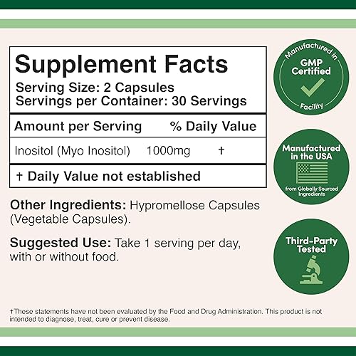 DOUBLE WOOD SUPPLEMENTS  MYO-INOSITOL CAPSULES 1000MG FOR WOMEN 60 VEGAN, GLUTEN-FREE, FILLER-FREE BY DOUBLE WOOD