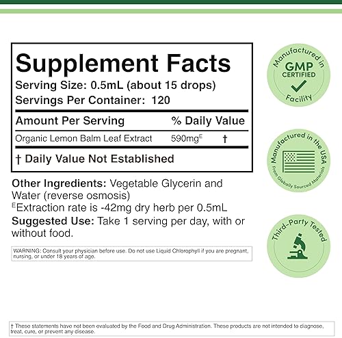 DOUBLE WOOD SUPPLEMENTS ORGANIC LEMON BALM TINCTURE 590MG 2OZ LIQUID EXTRACT FOR DIGESTION RELAXATION, 120 SERVINGS