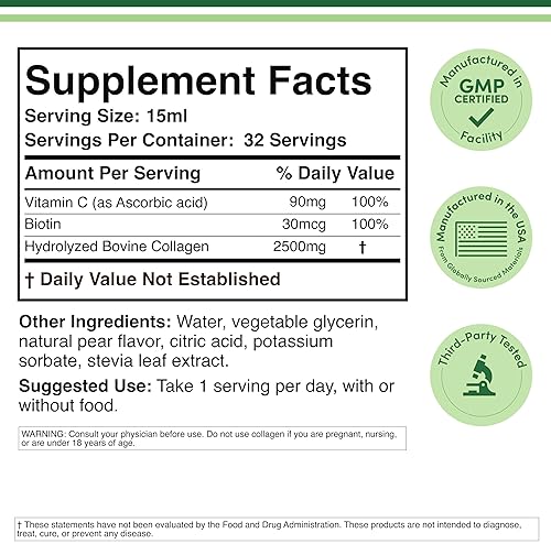 DOUBLE WOOD SUPPLEMENTS LIQUID COLLAGEN 2500MG WITH BIOTIN, GRASSFED TYPE 1 3, SUGAR FREE, PEAR FLAVOR 32 SERVINGS