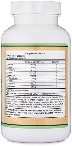 DOUBLE WOOD SUPPLEMENTS ESSENTIAL AMINO ACIDS EAA BCAA CAPSULES 1G PER SERVING, 225 GLUTEN-FREE CAPS BY DOUBLE WOOD