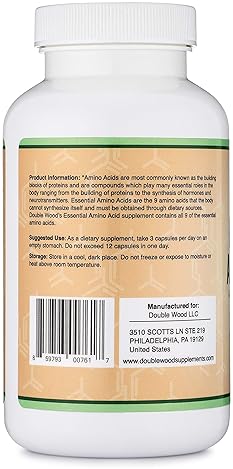 DOUBLE WOOD SUPPLEMENTS ESSENTIAL AMINO ACIDS EAA BCAA CAPSULES 1G PER SERVING, 225 GLUTEN-FREE CAPS BY DOUBLE WOOD