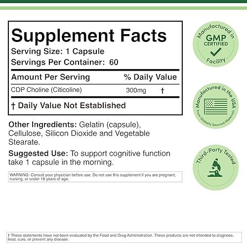 DOUBLE WOOD SUPPLEMENTS CDP CHOLINE CITICOLINE 300MG PHARMACEUTICAL GRADE SUPPLEMENT, 60 CAPSULES, THIRD-PARTY TESTED