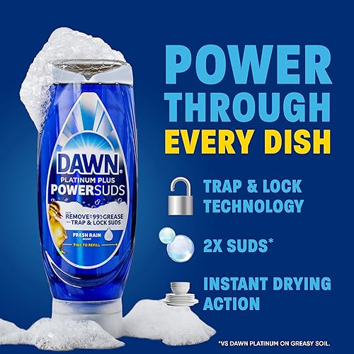 DAWN PLATINUM PLUS POWERSUDS EZ-SQUEEZE DISH SOAP, FRESH RAIN SCENT, 2 X 17.4OZ, GREASE REMOVAL