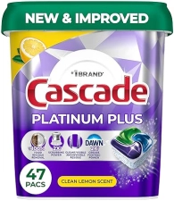 CASCADE PLATINUM PLUS DISHWASHER PODS, LEMON SCENT, 47 COUNT POWERFUL DISH DETERGENT TABLETS
