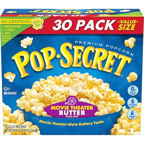POP SECRET MOVIE THEATER BUTTER MICROWAVE POPCORN, 3 OZ SHARING BAGS, 30 COUNT BOX