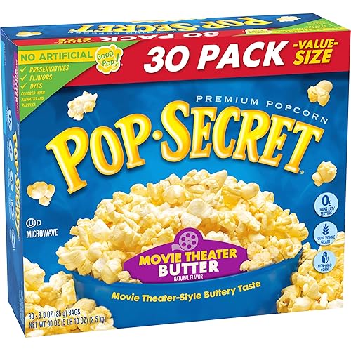 POP SECRET MOVIE THEATER BUTTER MICROWAVE POPCORN, 3 OZ SHARING BAGS, 30 COUNT BOX