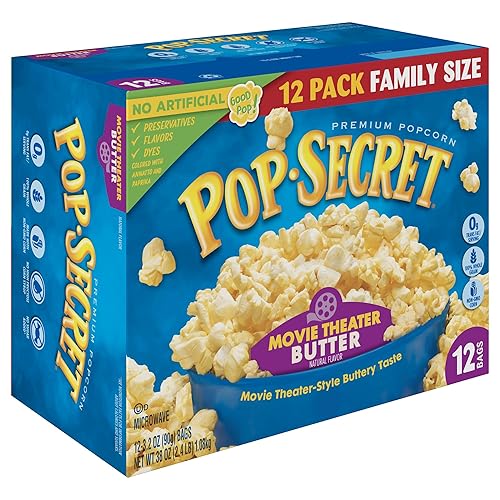 POP SECRET MOVIE THEATER BUTTER MICROWAVE POPCORN, 3.2OZ BAGS, 12CT BOX, PACK OF 4