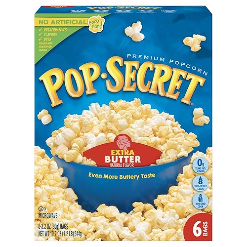POP SECRET EXTRA BUTTER MICROWAVE POPCORN, 6 COUNT 3.2OZ BAGS, NON-GMO, EXTRA BUTTERY, 19.2OZ BOX