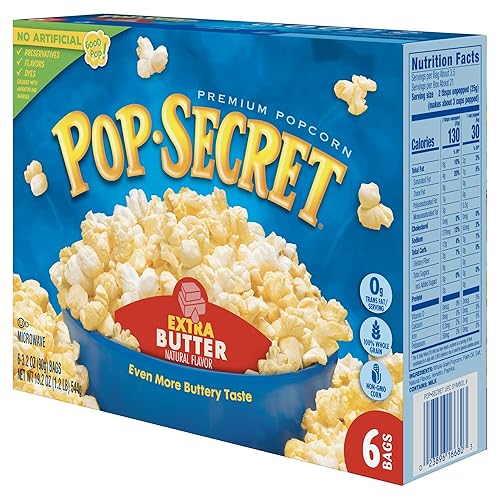 POP SECRET EXTRA BUTTER MICROWAVE POPCORN, 6 COUNT 3.2OZ BAGS, NON-GMO, EXTRA BUTTERY, 19.2OZ BOX
