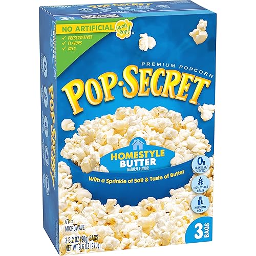 POP SECRET HOMESTYLE BUTTER MICROWAVE POPCORN, 3.2OZ BAGS, 3 COUNT, PACK OF 6