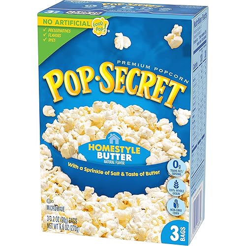 POP SECRET HOMESTYLE BUTTER MICROWAVE POPCORN, 3.2OZ BAGS, 3 COUNT, PACK OF 6