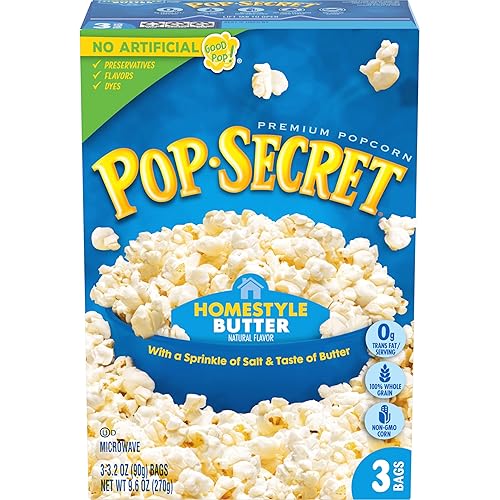 POP SECRET HOMESTYLE BUTTER MICROWAVE POPCORN, 3.2 OZ SHARING BAGS, 3 COUNT PACK