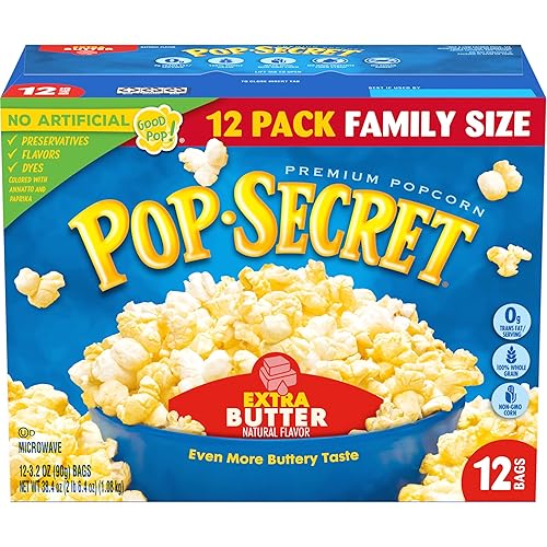 POP SECRET EXTRA BUTTER MICROWAVE POPCORN, 3.2 OZ BAGS, 12 COUNT BUTTERY SNACK FOR MOVIE NIGHTS