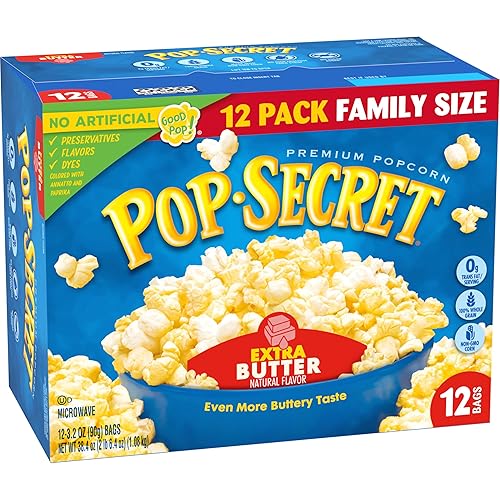 POP SECRET EXTRA BUTTER MICROWAVE POPCORN, 3.2 OZ BAGS, 12 COUNT BUTTERY SNACK FOR MOVIE NIGHTS