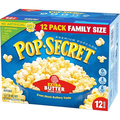 POP SECRET EXTRA BUTTER MICROWAVE POPCORN, 3.2 OZ BAGS, 12 COUNT BUTTERY SNACK FOR MOVIE NIGHTS
