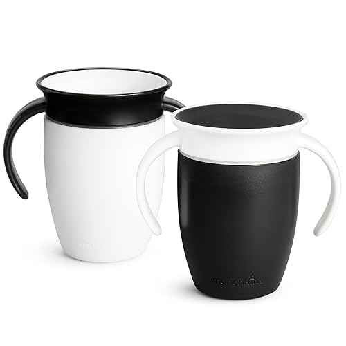 MUNCHKIN MIRACLE 360 SIPPY CUPS FOR 6 MONTHS, SPILL-PROOF, 7OZ, 2-PACK, BLACK WHITE HANDLES