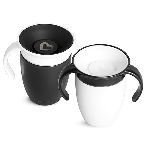 MUNCHKIN MIRACLE 360 SIPPY CUPS FOR 6 MONTHS, SPILL-PROOF, 7OZ, 2-PACK, BLACK WHITE HANDLES