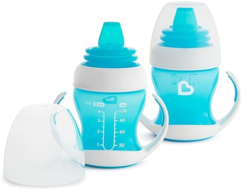 MUNCHKIN GENTLE TRANSITION SIPPY CUPS, BLUE, 4OZ 10OZ TRAINER HANDLES, 2-PACK SET