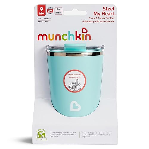 MUNCHKIN STEEL MY HEART 2-IN-1 STAINLESS STEEL TODDLER SIPPY CUP, SPILL-PROOF STRAW, 8OZ, TEAL BLUE