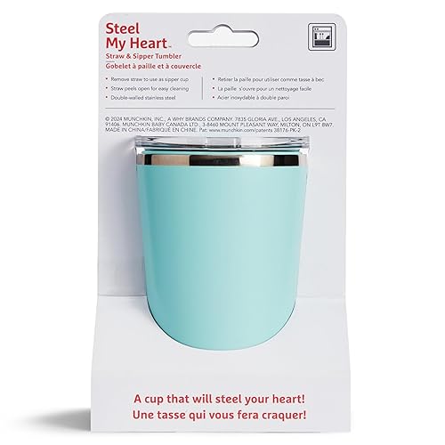 MUNCHKIN STEEL MY HEART 2-IN-1 STAINLESS STEEL TODDLER SIPPY CUP, SPILL-PROOF STRAW, 8OZ, TEAL BLUE