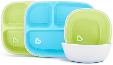 MUNCHKIN SPLASH 4-PIECE TODDLER DIVIDED PLATE BOWL DINING SET, BLUE GREEN BPA FREE KIDS DINNERWARE