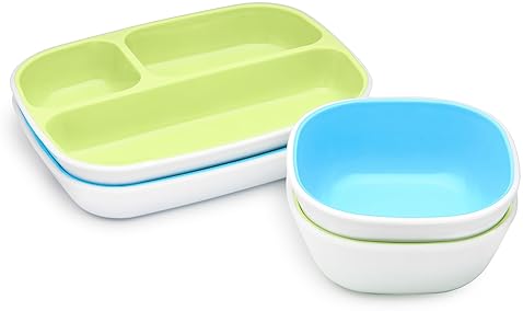 MUNCHKIN SPLASH 4-PIECE TODDLER DIVIDED PLATE BOWL DINING SET, BLUE GREEN BPA FREE KIDS DINNERWARE