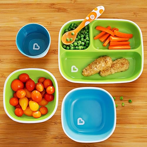 MUNCHKIN SPLASH 4-PIECE TODDLER DIVIDED PLATE BOWL DINING SET, BLUE GREEN BPA FREE KIDS DINNERWARE
