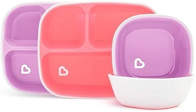 MUNCHKIN SPLASH 4-PIECE TODDLER DIVIDED PLATE BOWL SET, PINK PURPLE, KIDS DINING SET