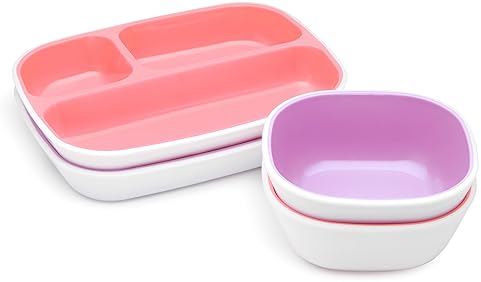 MUNCHKIN SPLASH 4-PIECE TODDLER DIVIDED PLATE BOWL SET, PINK PURPLE, KIDS DINING SET