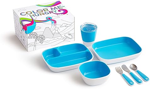MUNCHKIN COLOR ME HUNGRY 7-PIECE TODDLER FEEDING SET PLATES, BOWL, CUP UTENSILS, BLUE GIFT BOX