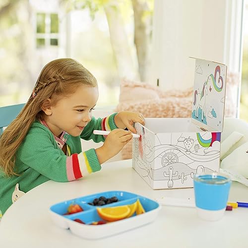 MUNCHKIN COLOR ME HUNGRY 7-PIECE TODDLER FEEDING SET PLATES, BOWL, CUP UTENSILS, BLUE GIFT BOX