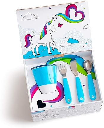 MUNCHKIN COLOR ME HUNGRY 7-PIECE TODDLER FEEDING SET PLATES, BOWL, CUP UTENSILS, BLUE GIFT BOX