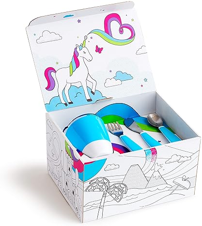 MUNCHKIN COLOR ME HUNGRY 7-PIECE TODDLER FEEDING SET PLATES, BOWL, CUP UTENSILS, BLUE GIFT BOX