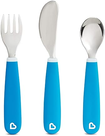 MUNCHKIN COLOR ME HUNGRY 7-PIECE TODDLER FEEDING SET PLATES, BOWL, CUP UTENSILS, BLUE GIFT BOX