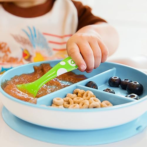 MUNCHKIN STAY PUT SUCTION PLATES FOR BABIES TODDLERS, 3-SECTION, NON-SLIP, BLUE GREEN, BPA-FREE