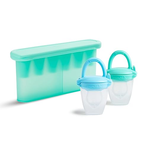 MUNCHKIN SILICONE BABY FOOD FEEDERS FREEZER TRAY WITH LID FOR SELF-FEEDING WEANING, MINT BLUE