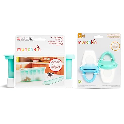 MUNCHKIN SILICONE BABY FOOD FEEDERS FREEZER TRAY WITH LID FOR SELF-FEEDING WEANING, MINT BLUE