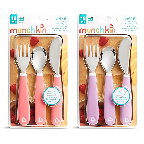 MUNCHKIN SPLASH TODDLER UTENSIL SET, 6-PACK PINK PURPLE FORK, KNIFE SPOON FOR KIDS